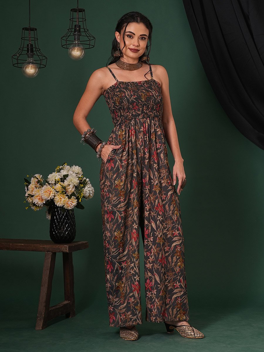 Women Floral Print Strappy Jumpsuit