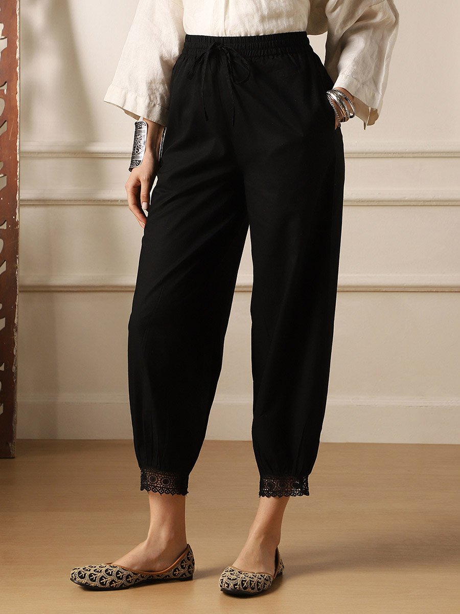 Women Black Lace Trim Relaxed Fit Pants