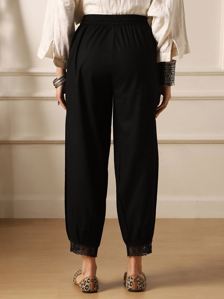 Women Black Lace Trim Relaxed Fit Pants