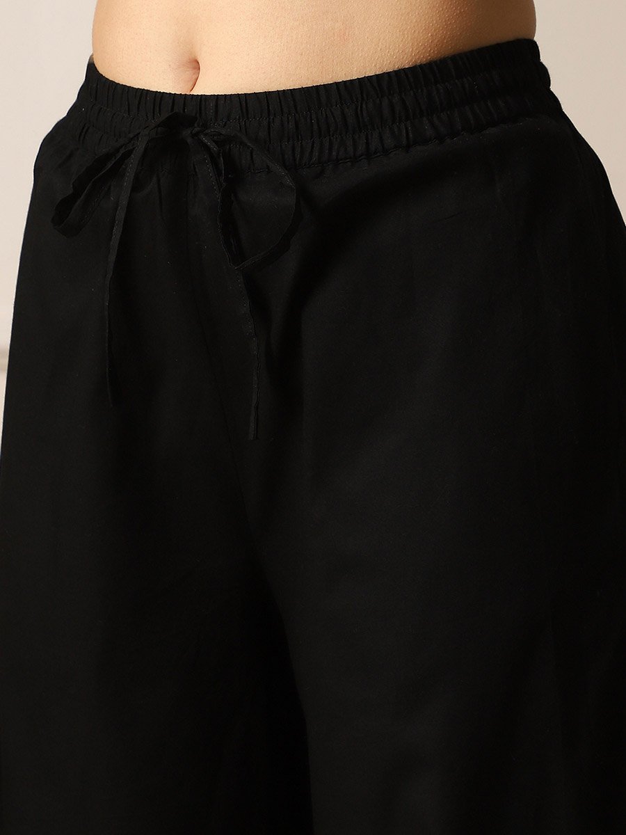 Women Black Lace Trim Relaxed Fit Pants