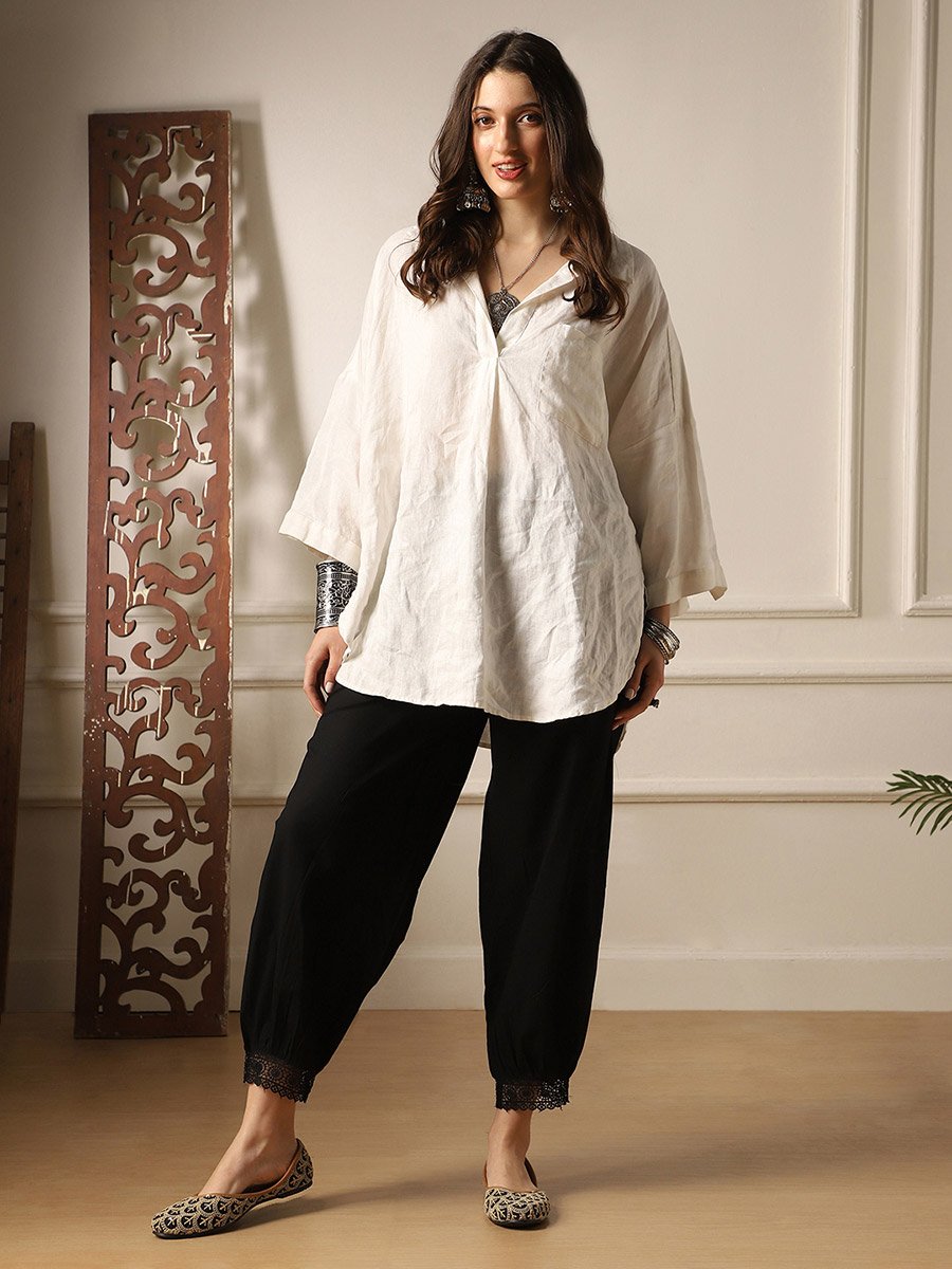 Women Black Lace Trim Relaxed Fit Pants