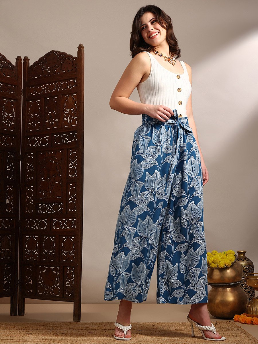 Women Blue Floral Printed Wide Leg Trousers
