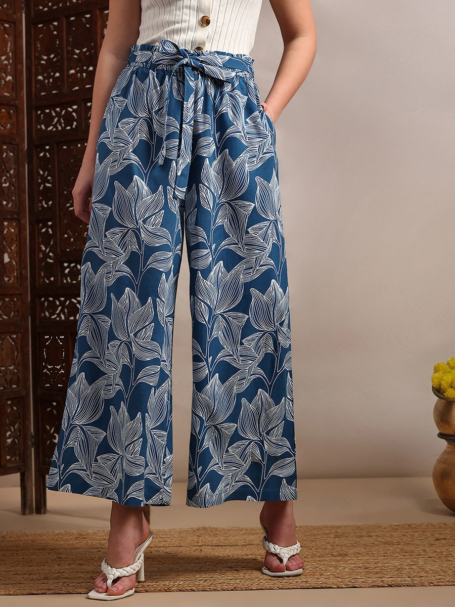 Women Blue Floral Printed Wide Leg Trousers