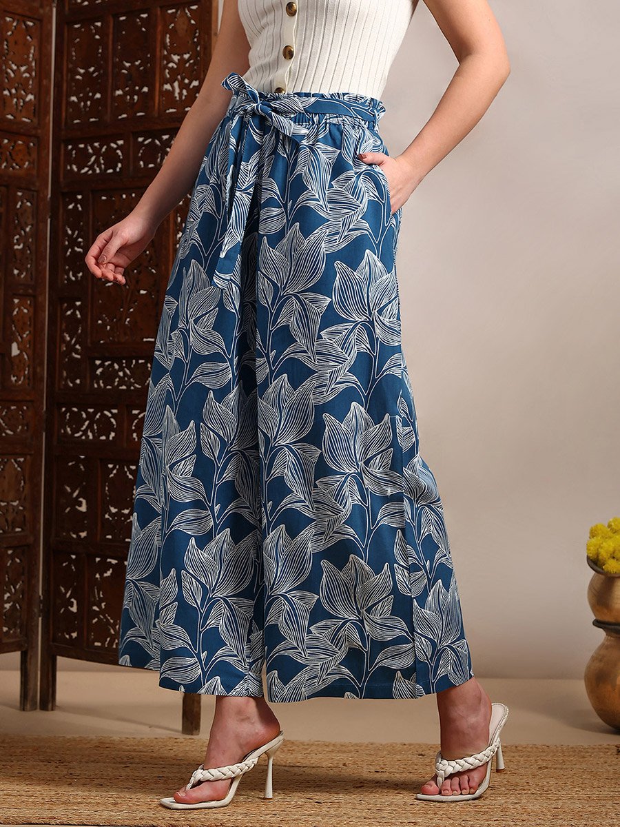 Women Blue Floral Printed Wide Leg Trousers