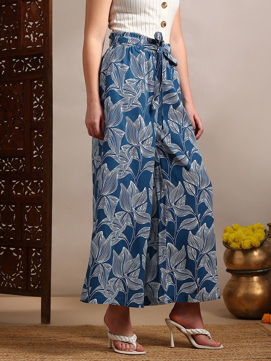 Women Blue Floral Printed Wide Leg Trousers