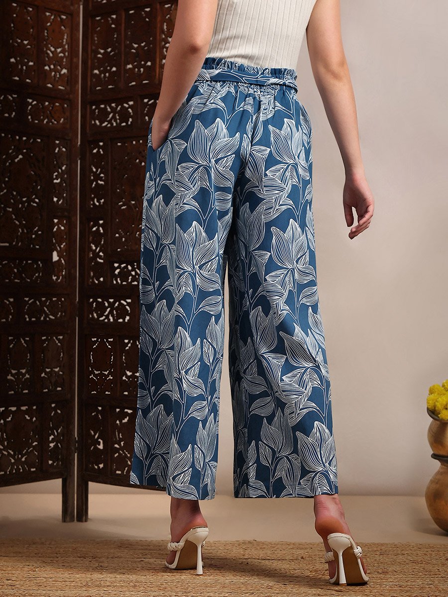 Women Blue Floral Printed Wide Leg Trousers