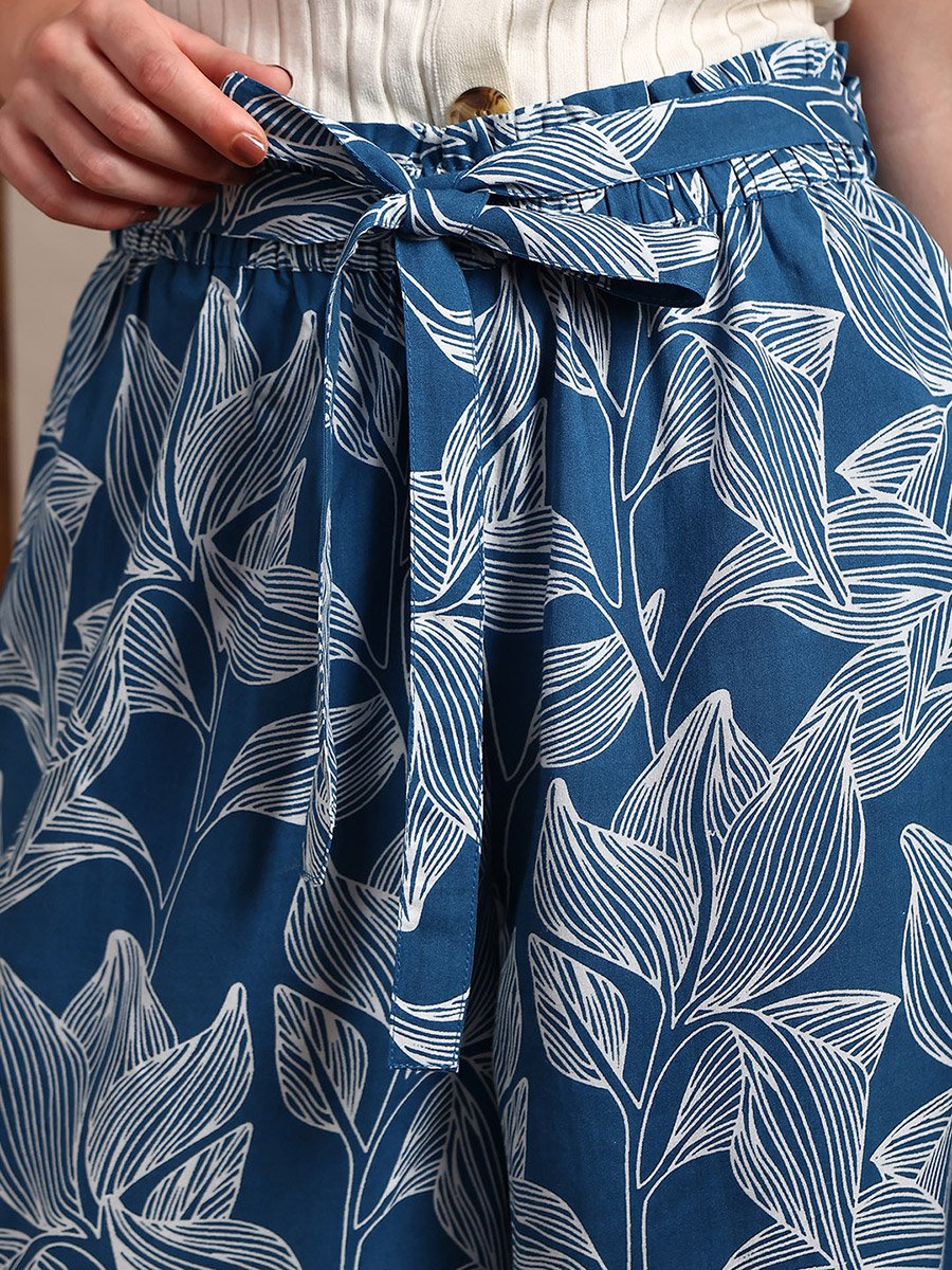 Women Blue Floral Printed Wide Leg Trousers