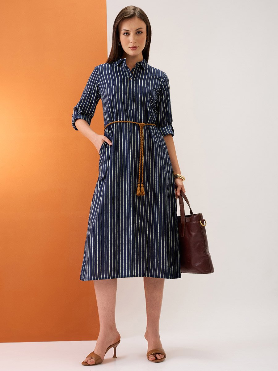 Women Roll-Up Sleeves Drawstring Waist Midi Dress