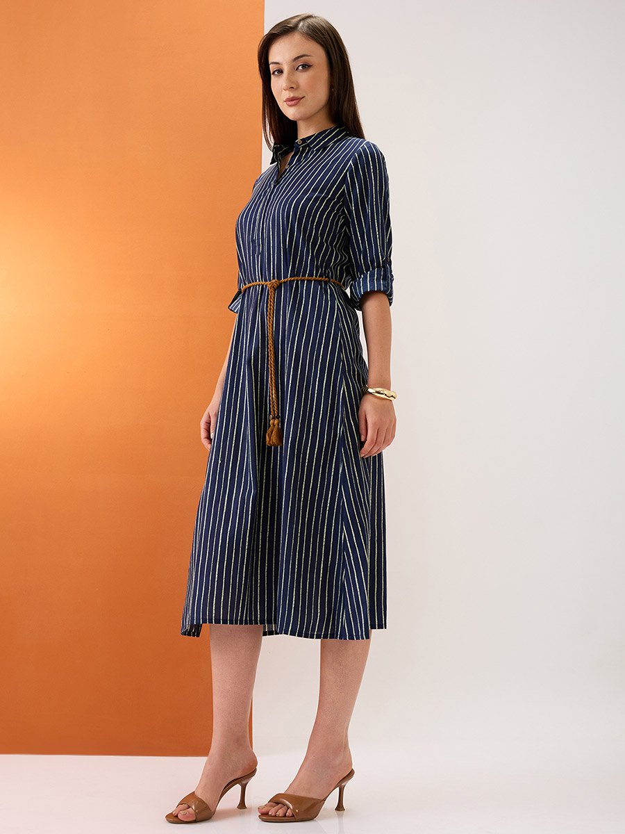 Women Roll-Up Sleeves Drawstring Waist Midi Dress