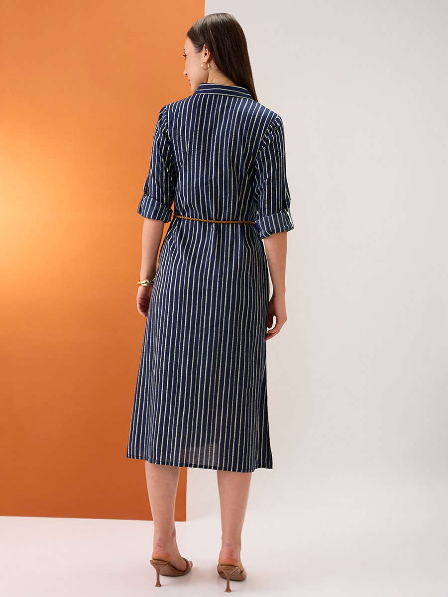 Women Roll-Up Sleeves Drawstring Waist Midi Dress