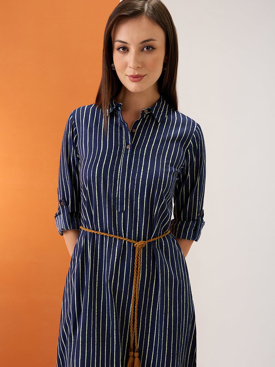 Women Roll-Up Sleeves Drawstring Waist Midi Dress