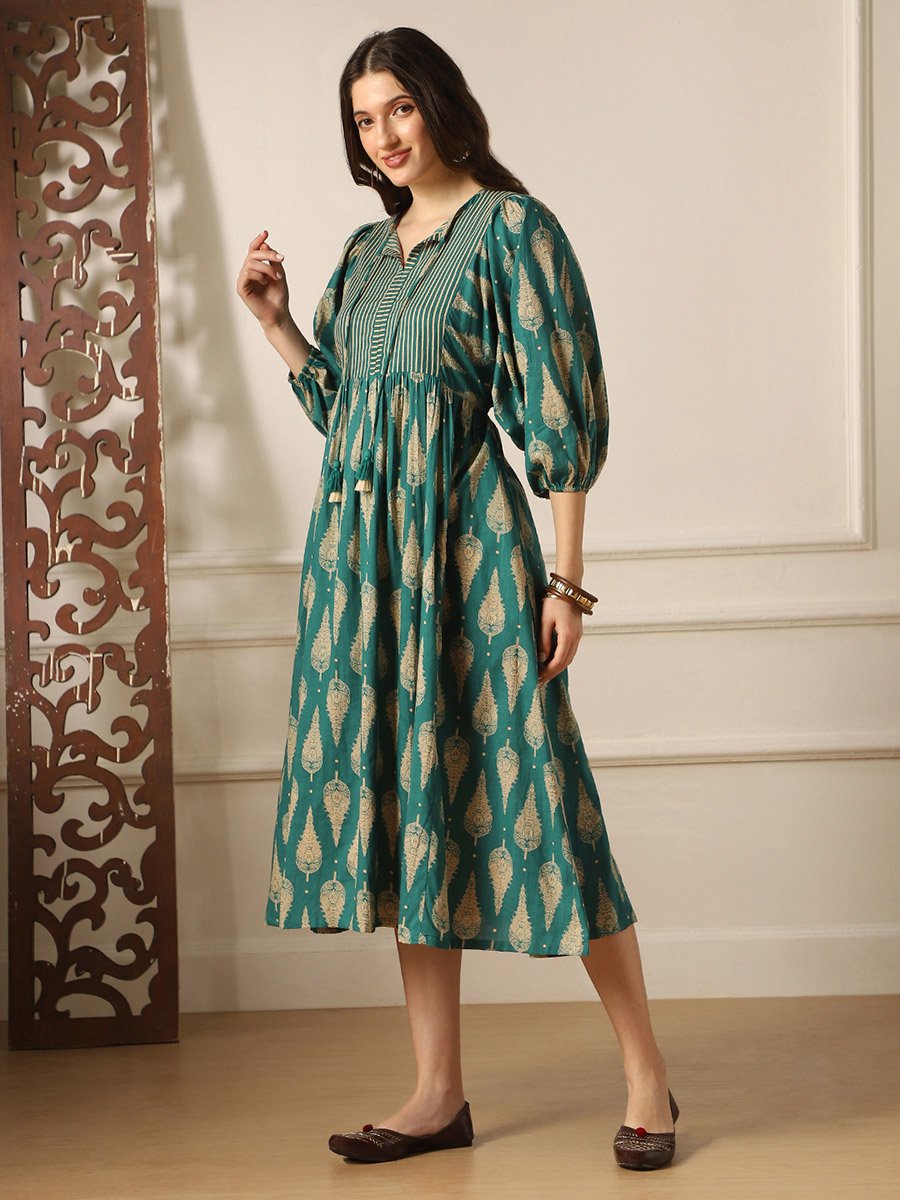 Women Teal Ethnic Print Tie-Up Neck Midi Dress