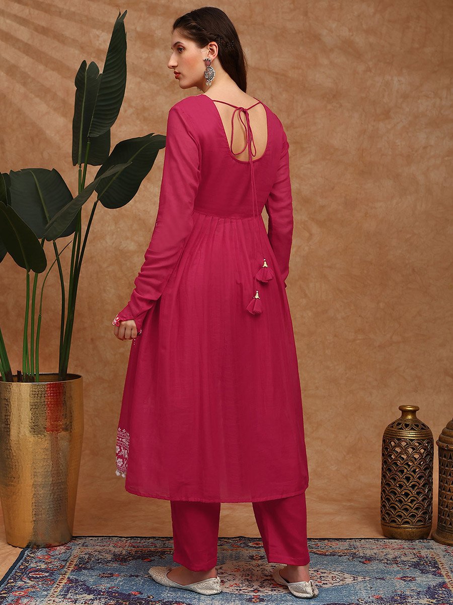 Women Red Floral Embroidered Kurta and Pants Set