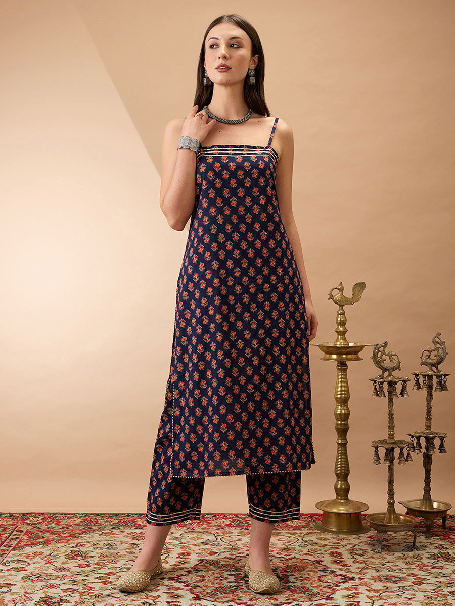 Women Navy Blue Strappy Floral Print Straight Kurta with Pants Set
