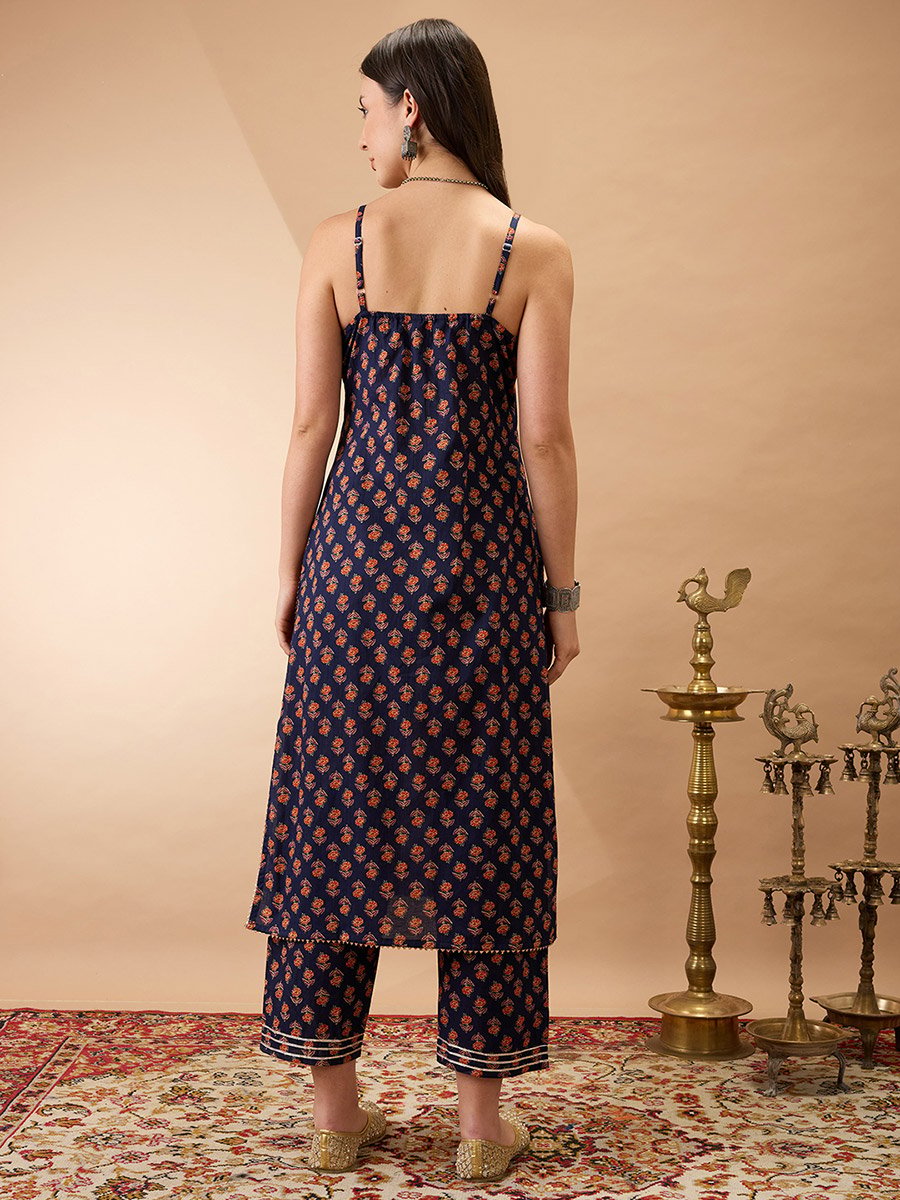 Women Navy Blue Strappy Floral Print Straight Kurta with Pants Set