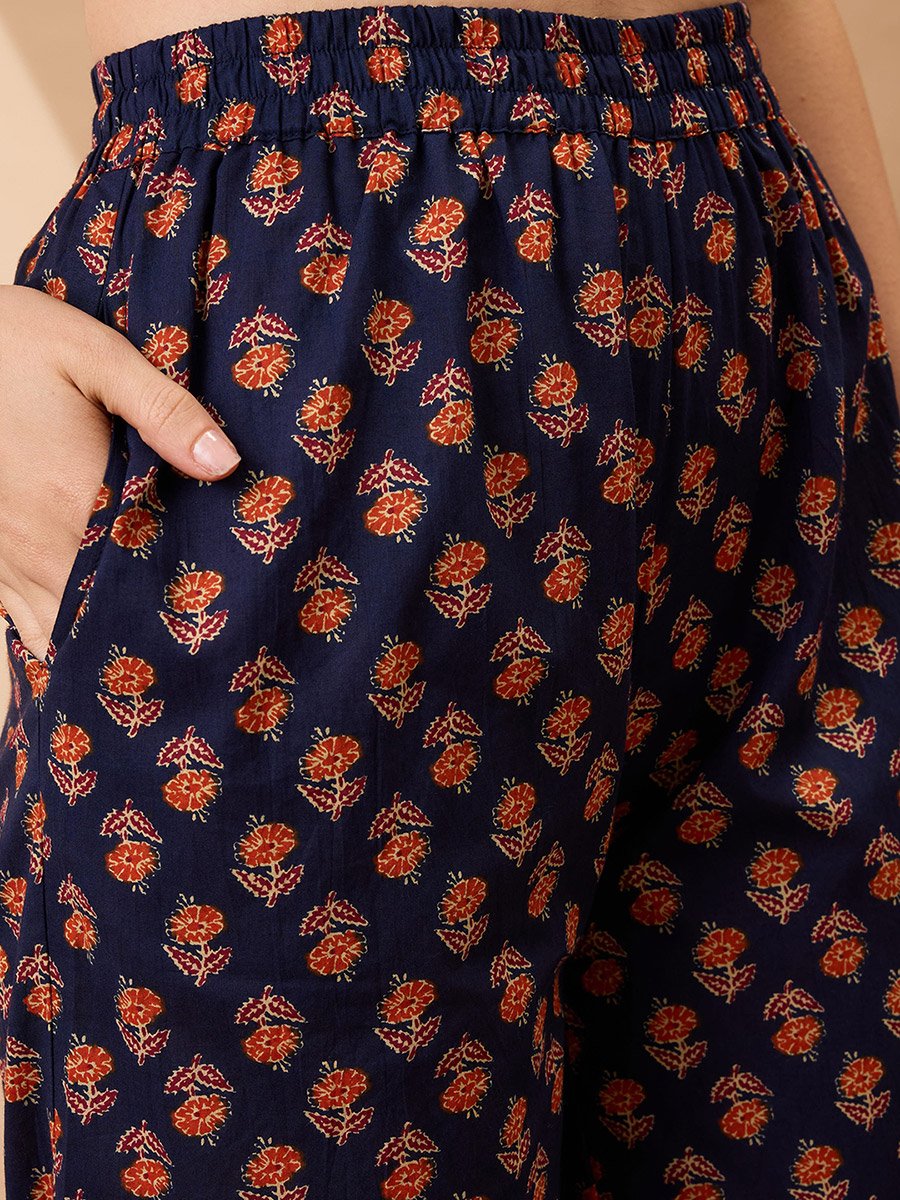 Women Navy Blue Strappy Floral Print Straight Kurta with Pants Set