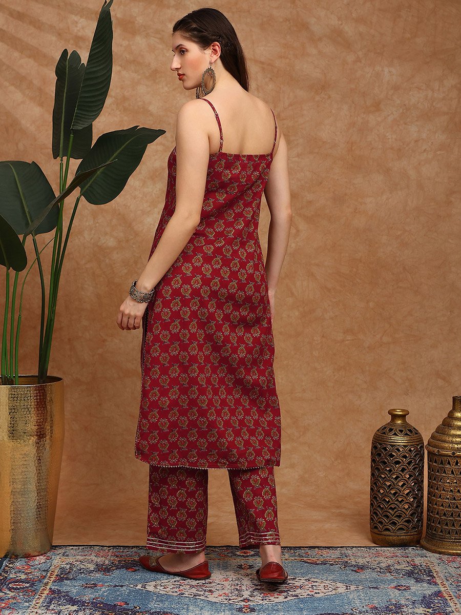 Women Maroon Square Neck Strappy Floral Print Kurta with Wide Leg Pants Set