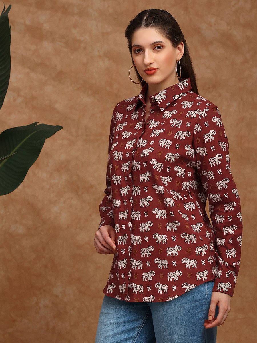 Women Red Collared Tribal Print Shirt Tunic