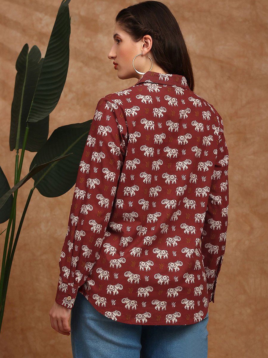 Women Red Collared Tribal Print Shirt Tunic