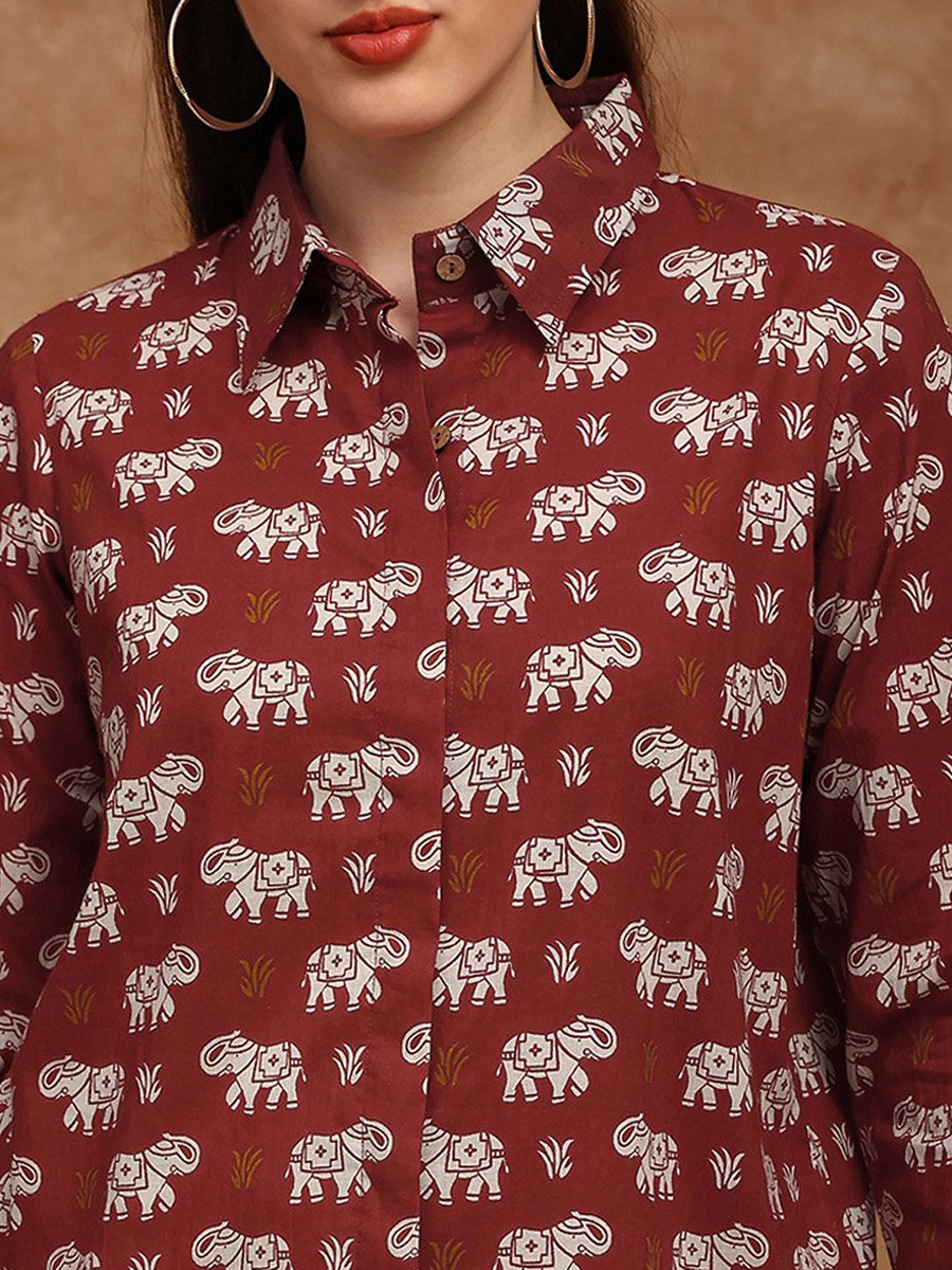Women Red Collared Tribal Print Shirt Tunic
