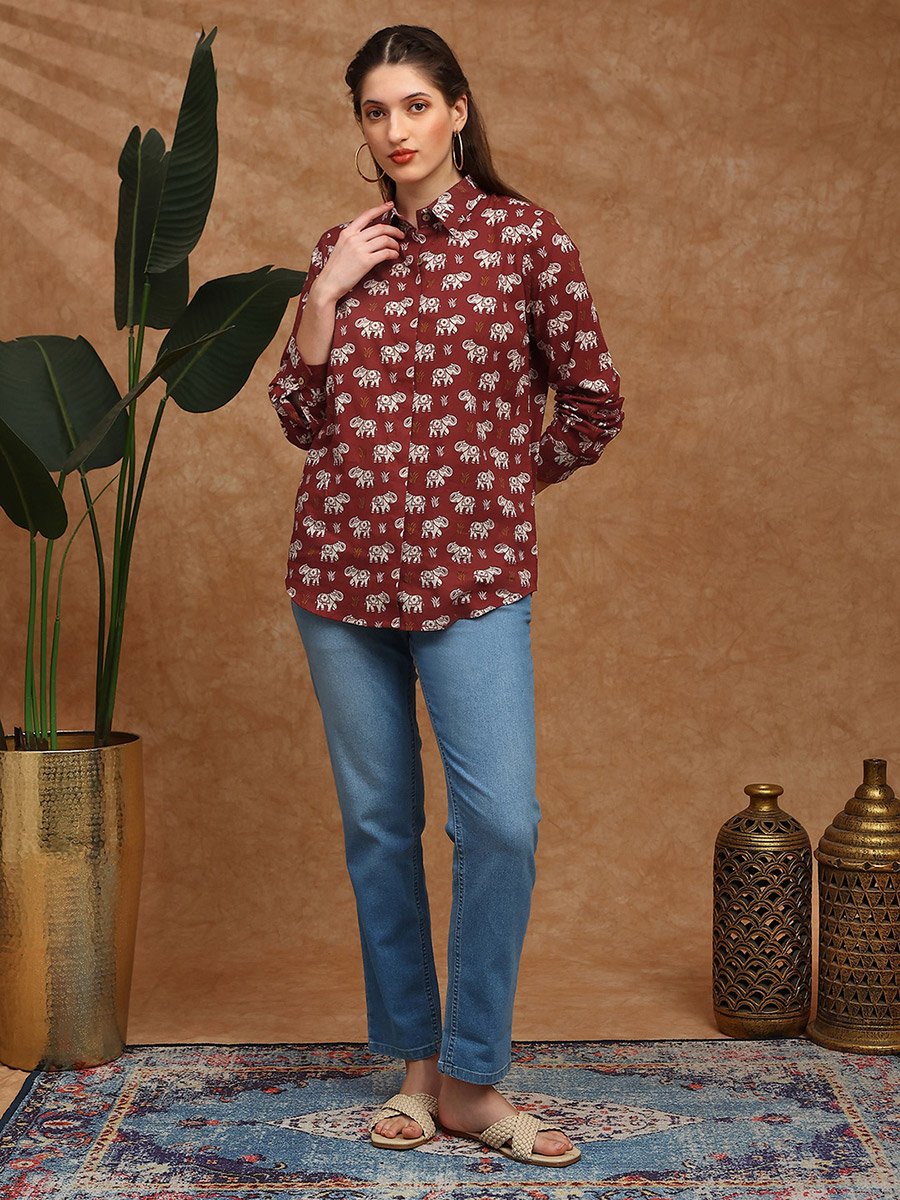 Women Red Collared Tribal Print Shirt Tunic