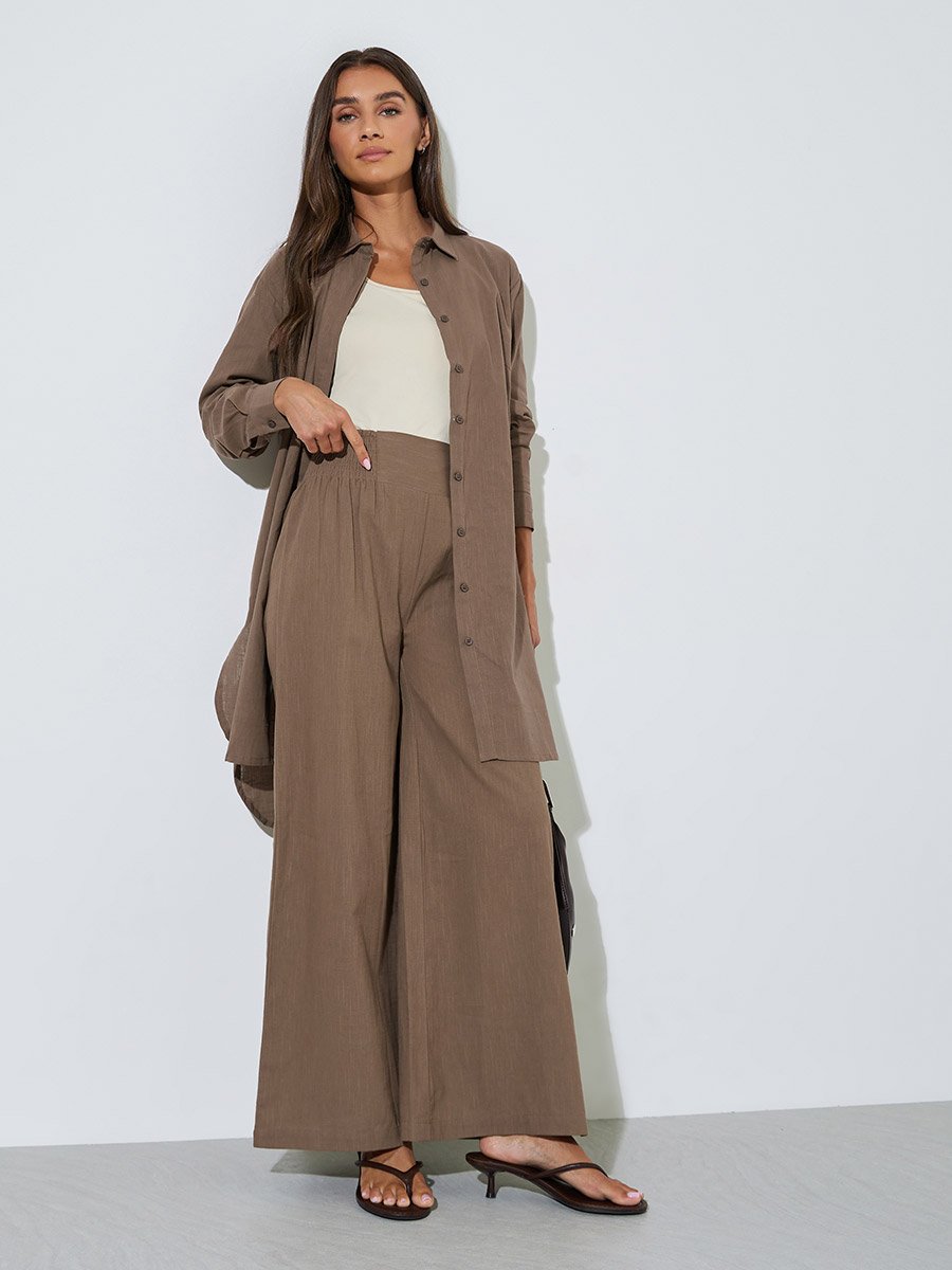 Brown Cotton Wide Leg Trousers