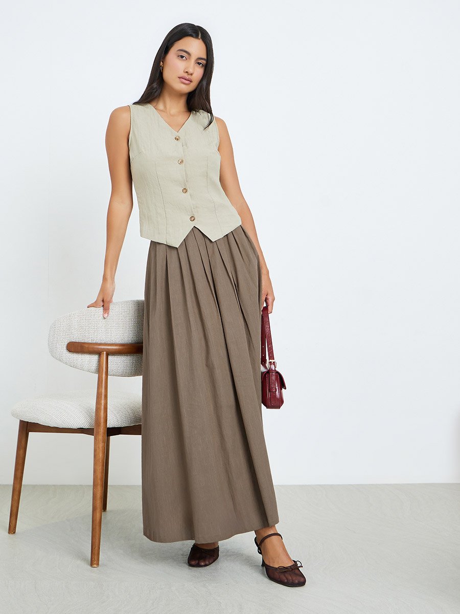 Brown Fold Pleat Cotton Maxi Skirt
