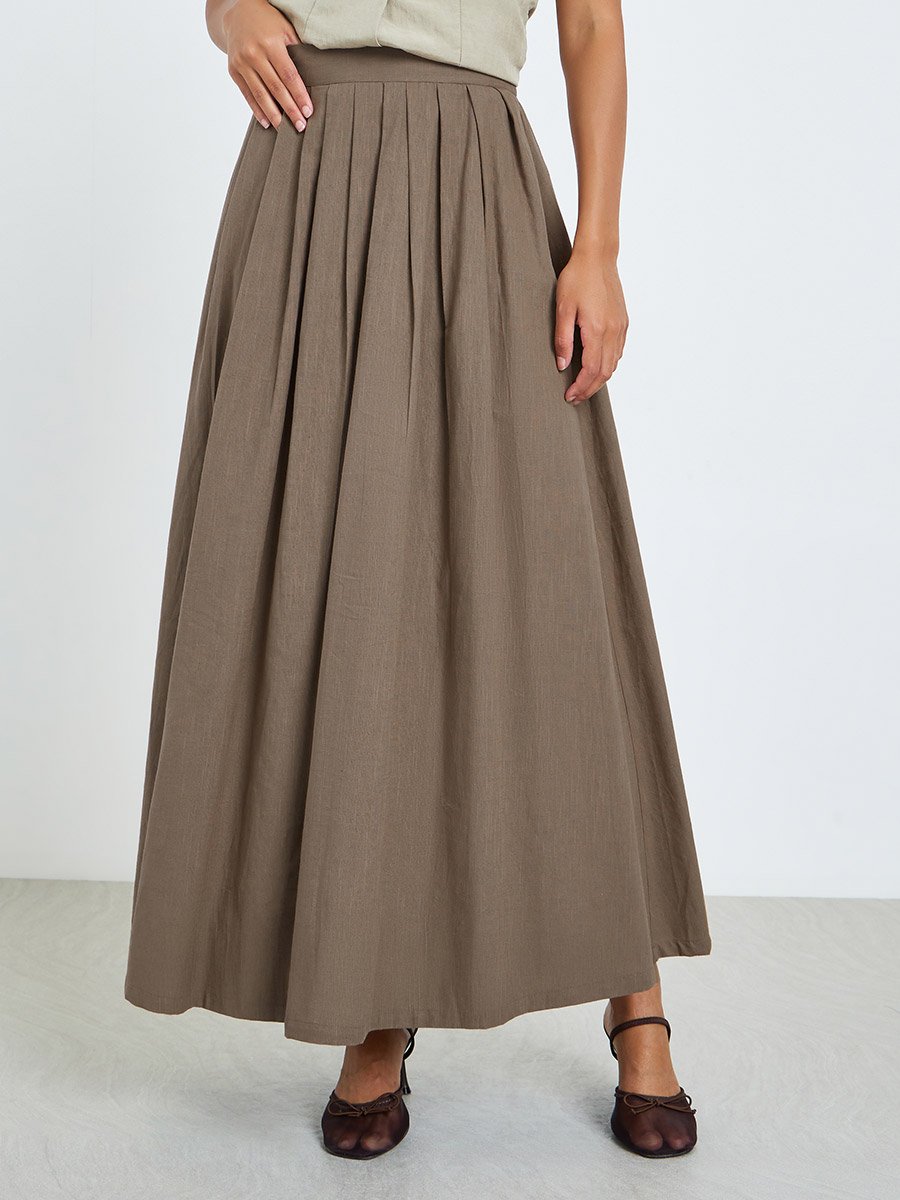 Brown Fold Pleat Cotton Maxi Skirt