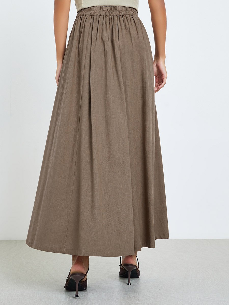 Brown Fold Pleat Cotton Maxi Skirt