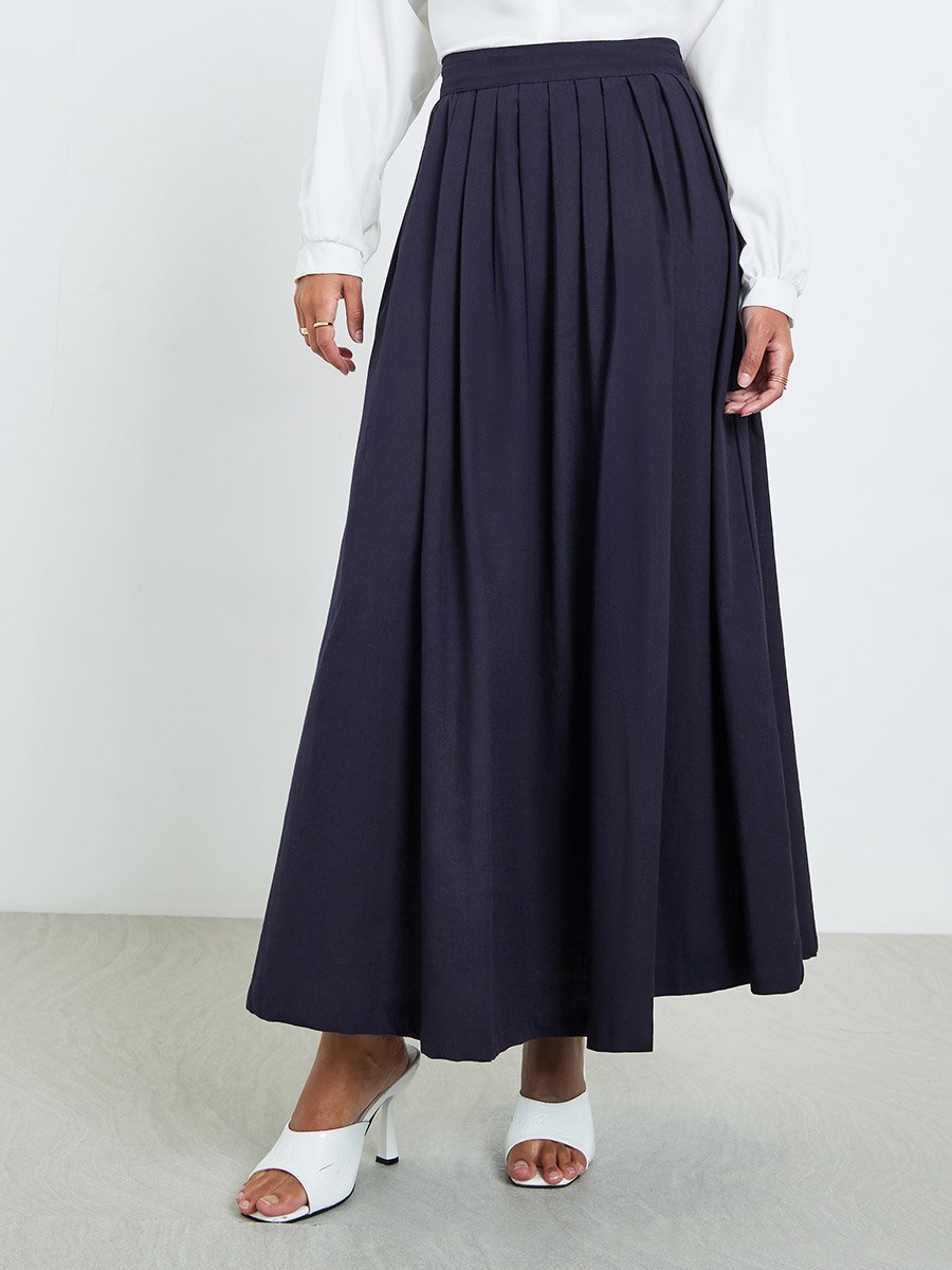 Navy Blue Fold Pleat Cotton Maxi Skirt