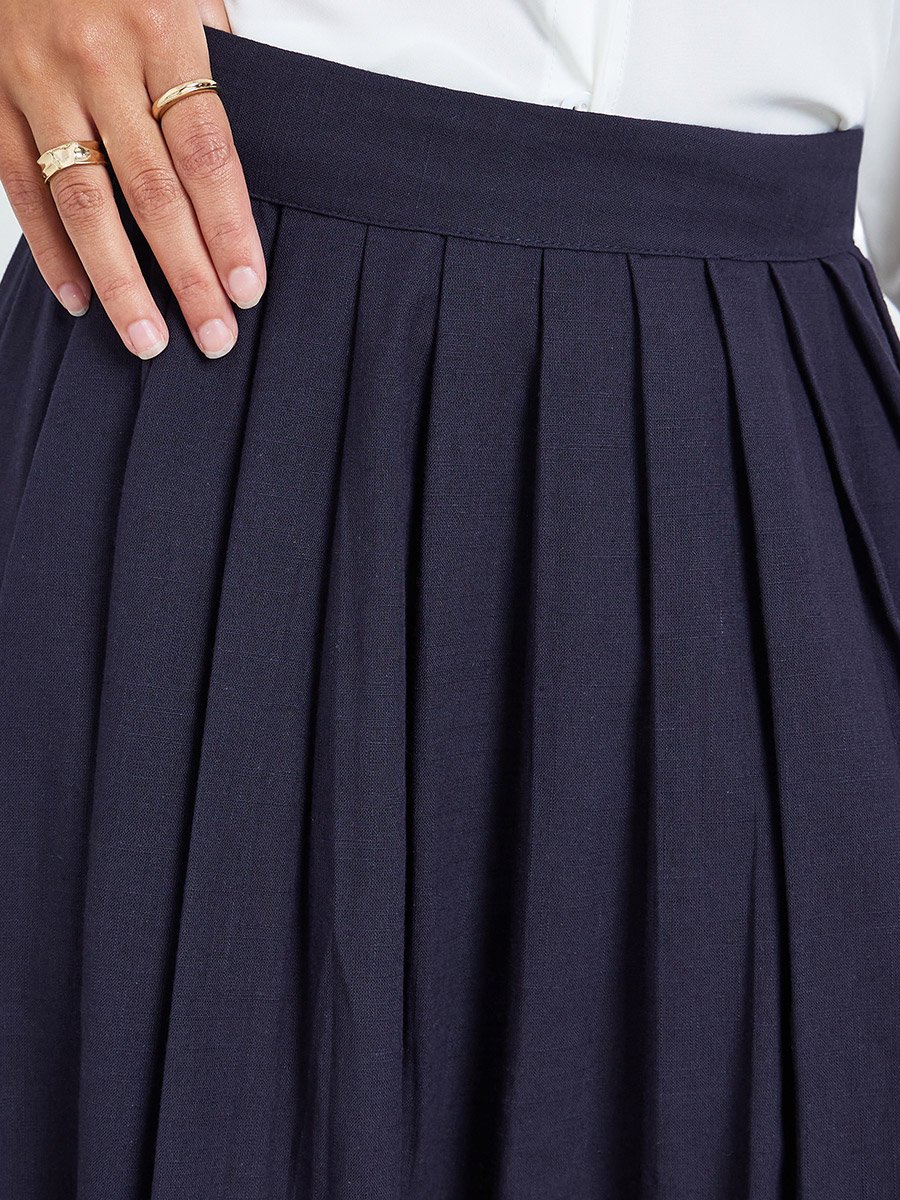 Navy Blue Fold Pleat Cotton Maxi Skirt