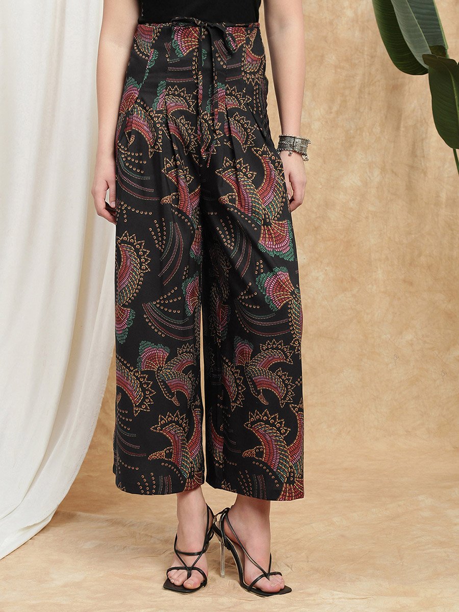 Women Black Tropical Print Wide Leg Palazzo Pants