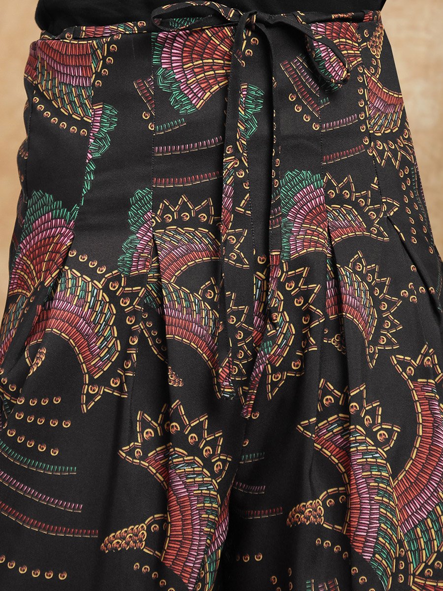 Women Black Tropical Print Wide Leg Palazzo Pants