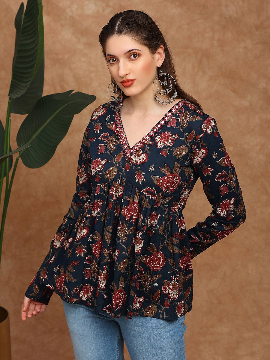 Women Navy Blue Embroidered Floral Print Tunic