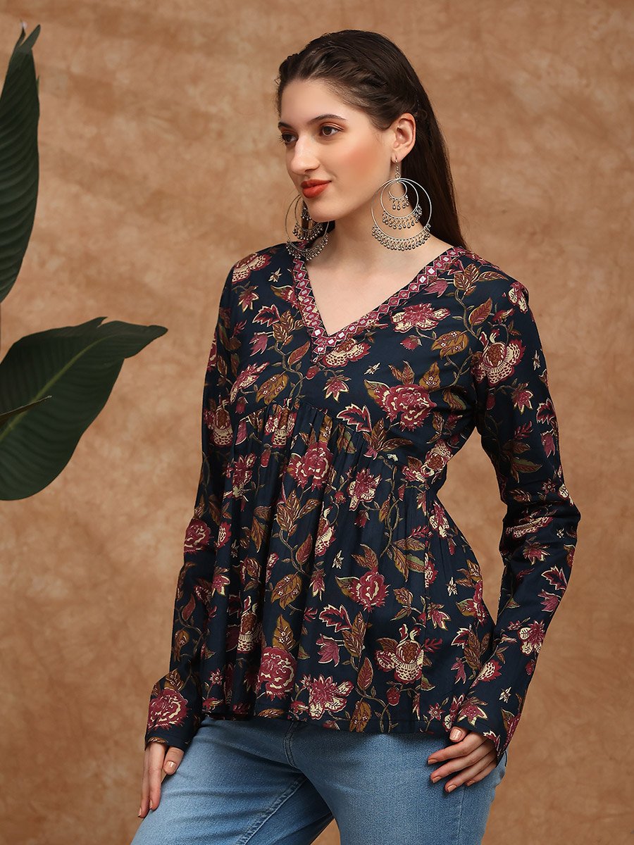 Women Navy Blue Embroidered Floral Print Tunic