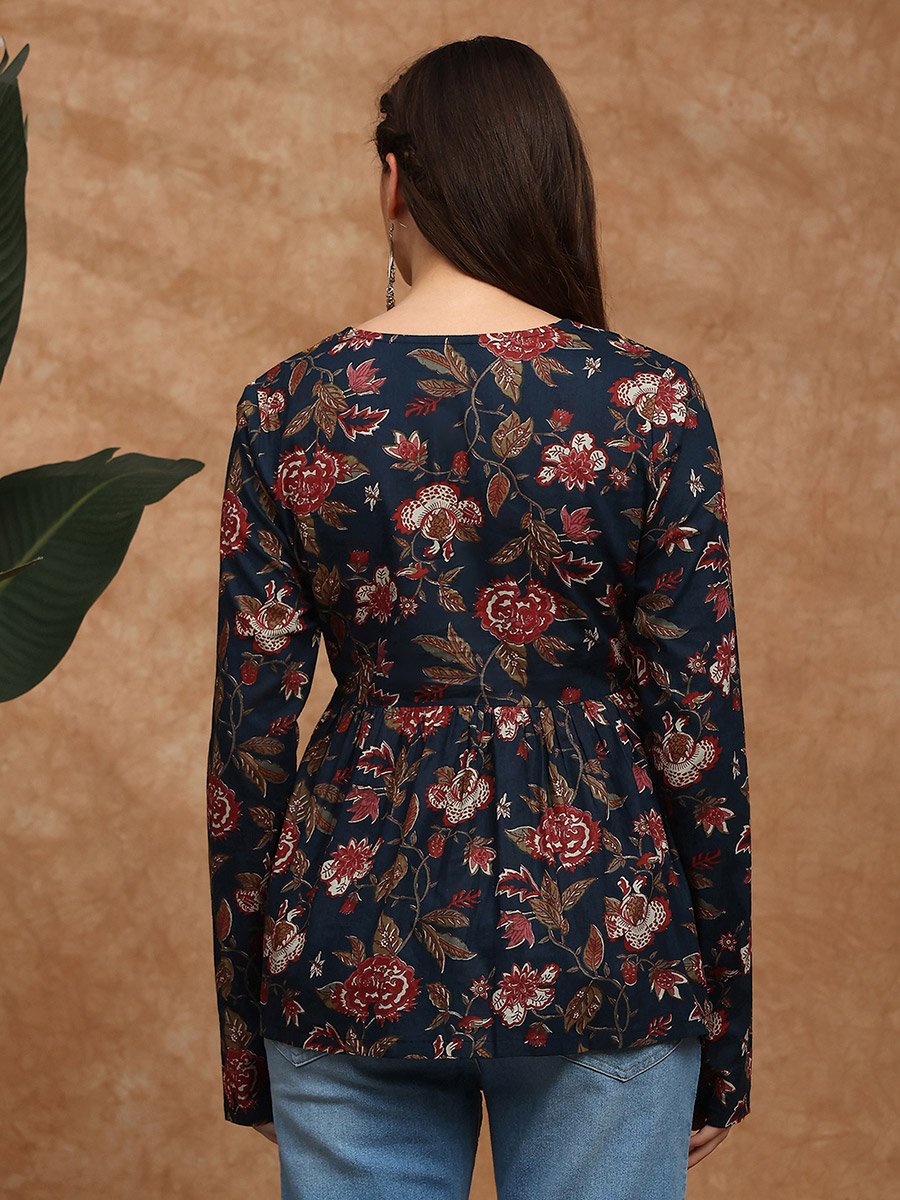 Women Navy Blue Embroidered Floral Print Tunic
