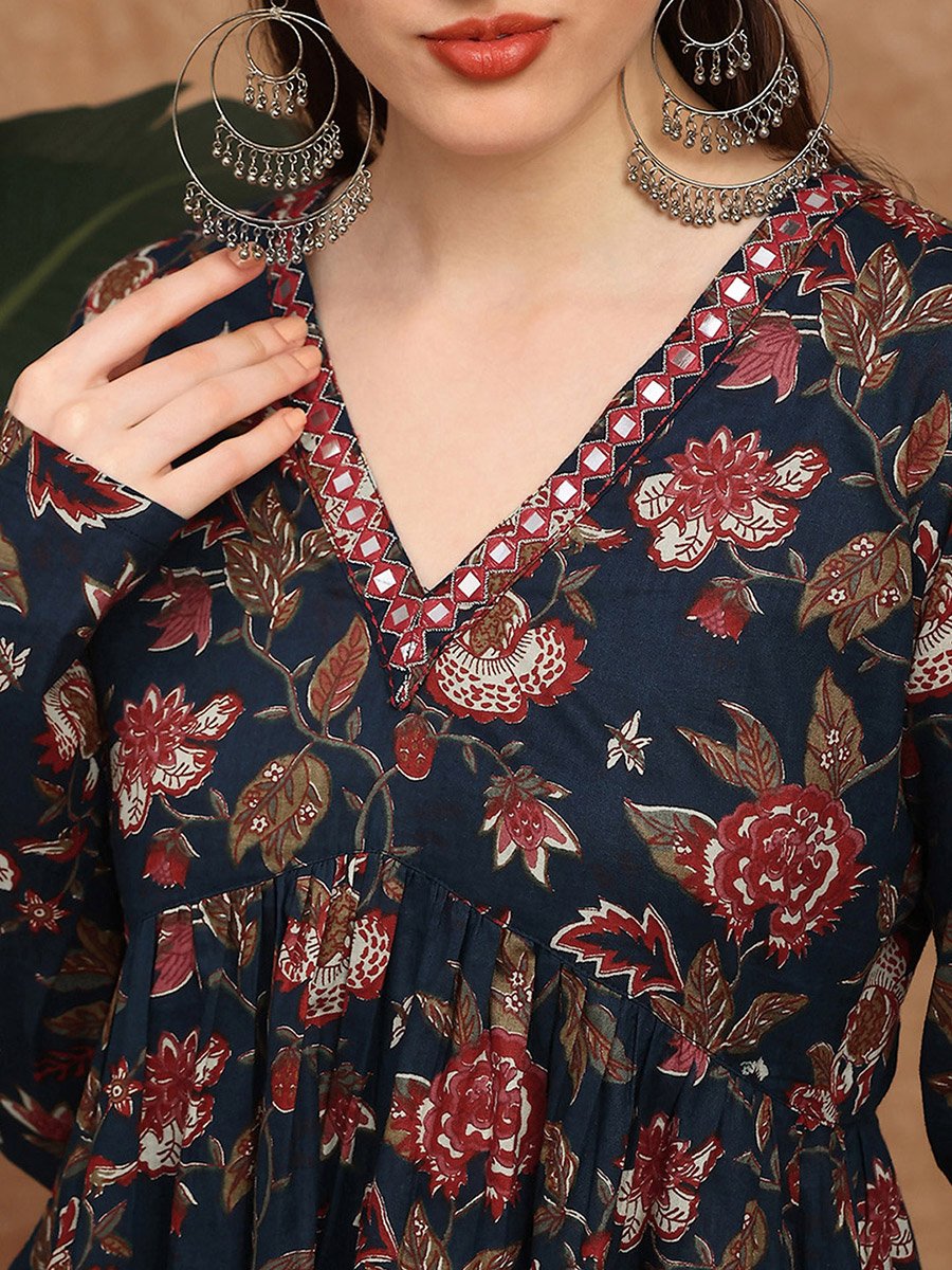 Women Navy Blue Embroidered Floral Print Tunic