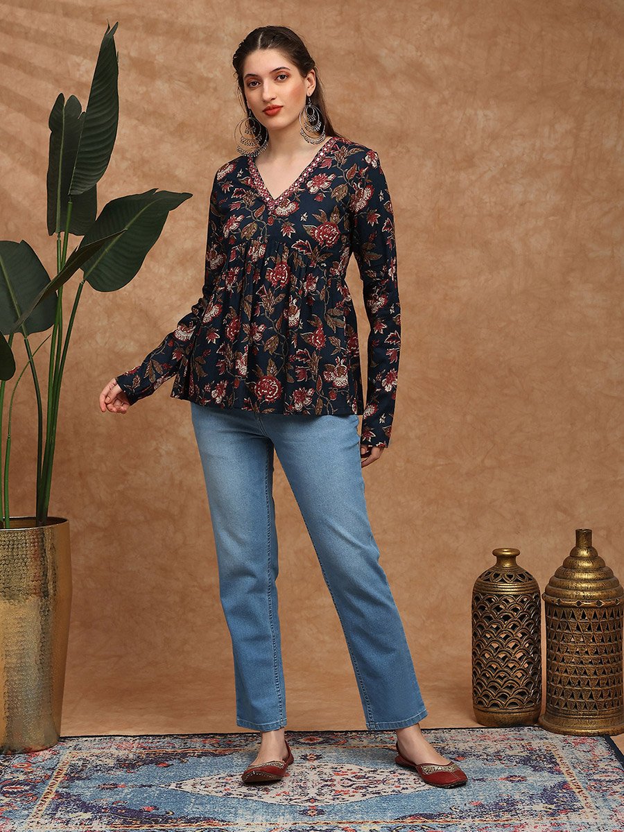 Women Navy Blue Embroidered Floral Print Tunic