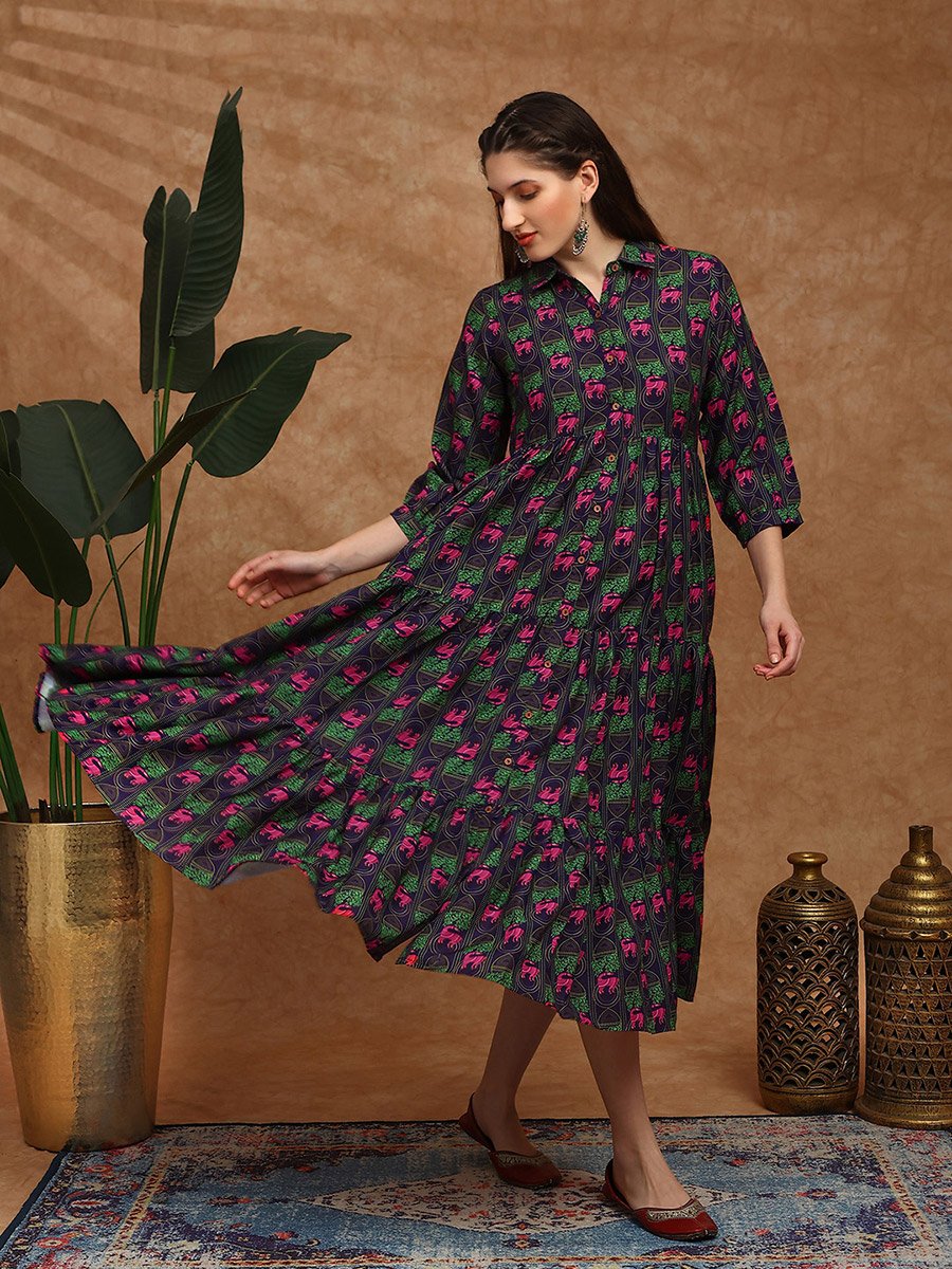Women Purple Collared Bishop Sleeves Midi Dress