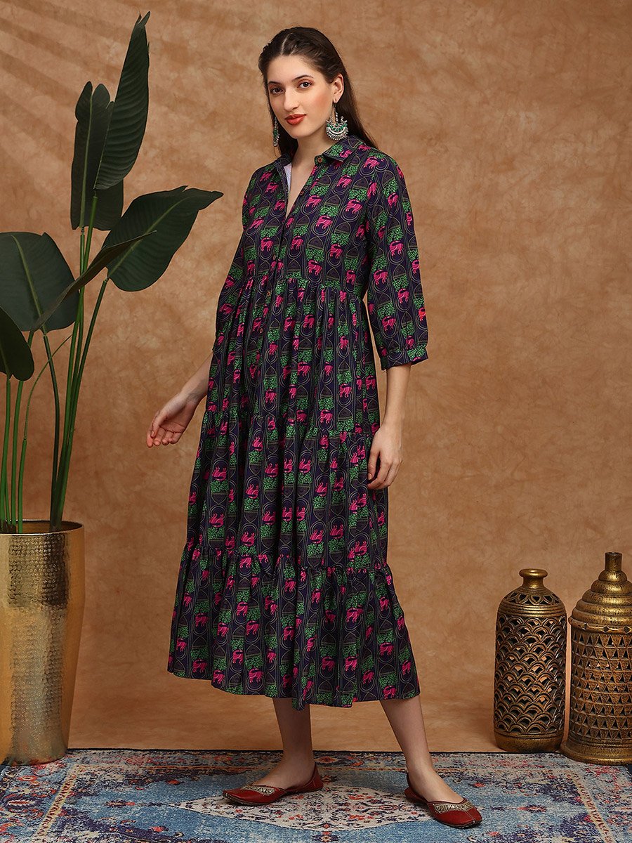 Women Purple Collared Bishop Sleeves Midi Dress