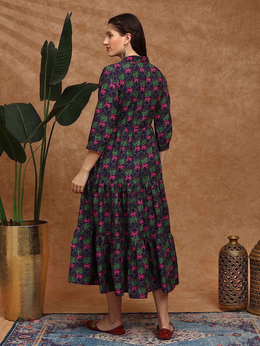 Women Purple Collared Bishop Sleeves Midi Dress