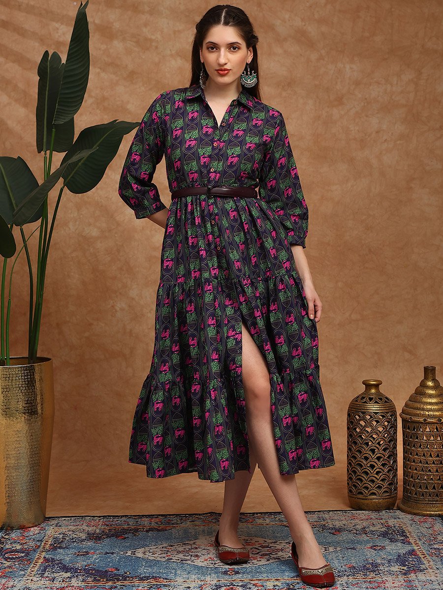 Women Purple Collared Bishop Sleeves Midi Dress