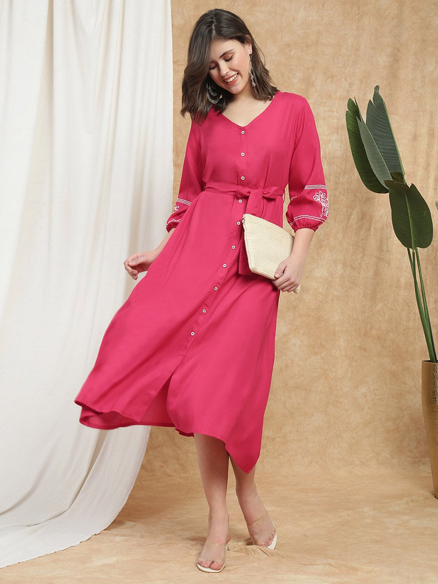 Women Pink Bishop Sleeves Embroidered Midi Dress