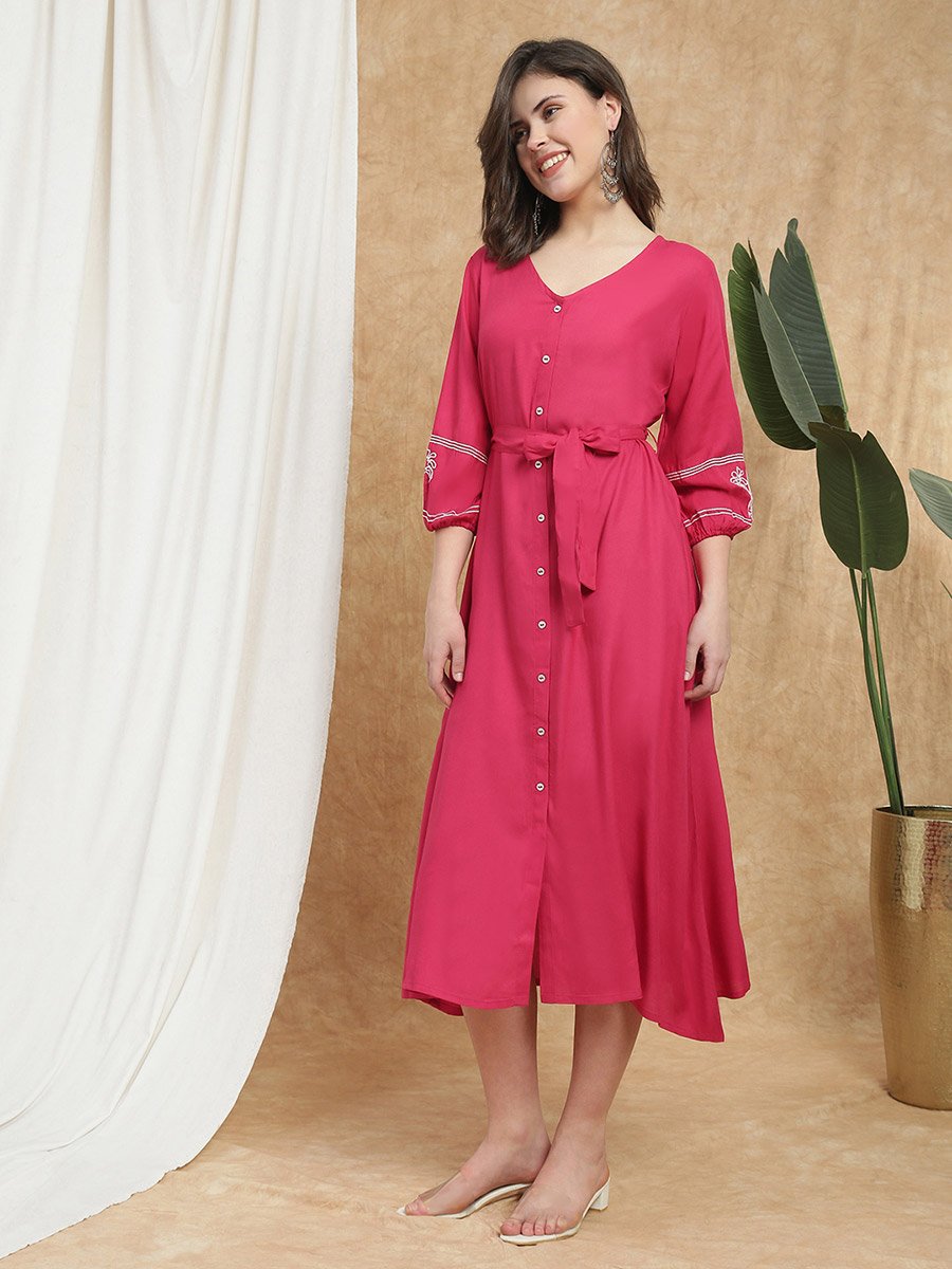 Women Pink Bishop Sleeves Embroidered Midi Dress