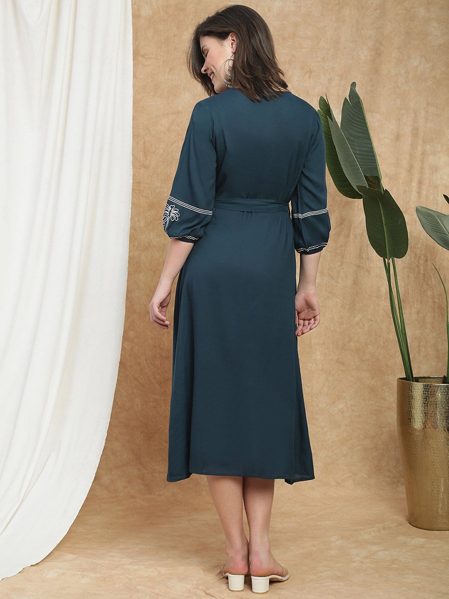 Women Navy Blue Bishop Sleeves Embroidered Midi Dress