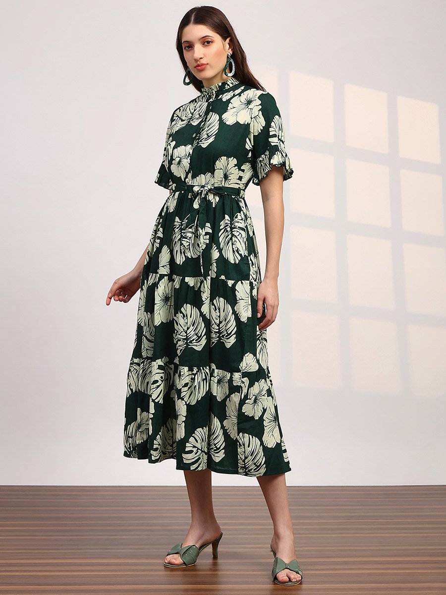 Women Green Floral Print Mandarin Collar Midi Dress