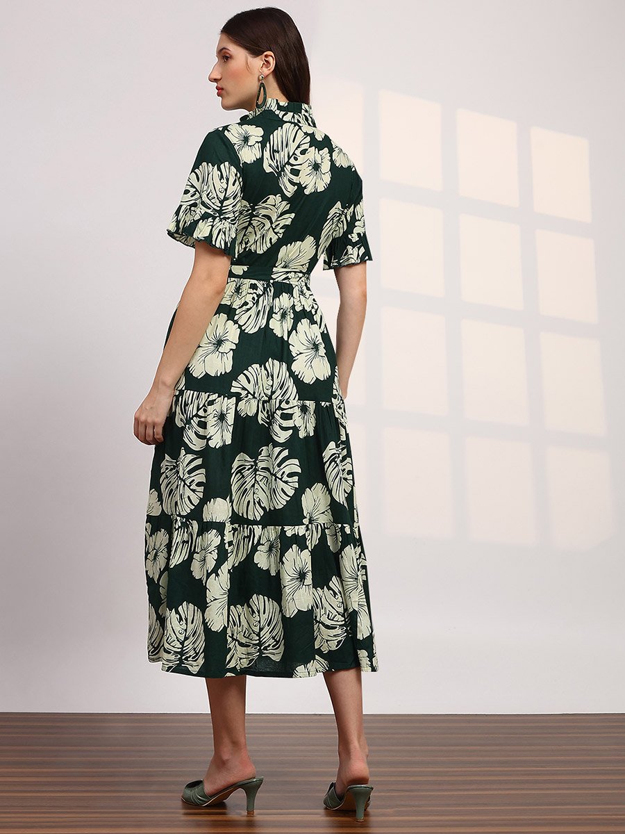 Women Green Floral Print Mandarin Collar Midi Dress