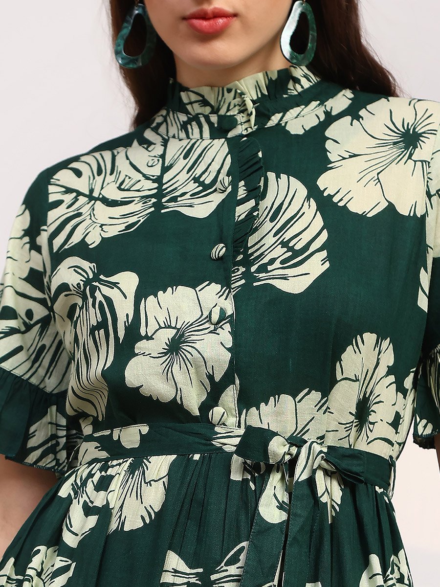 Women Green Floral Print Mandarin Collar Midi Dress
