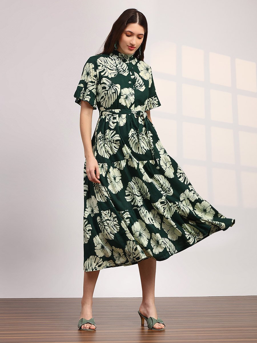 Women Green Floral Print Mandarin Collar Midi Dress