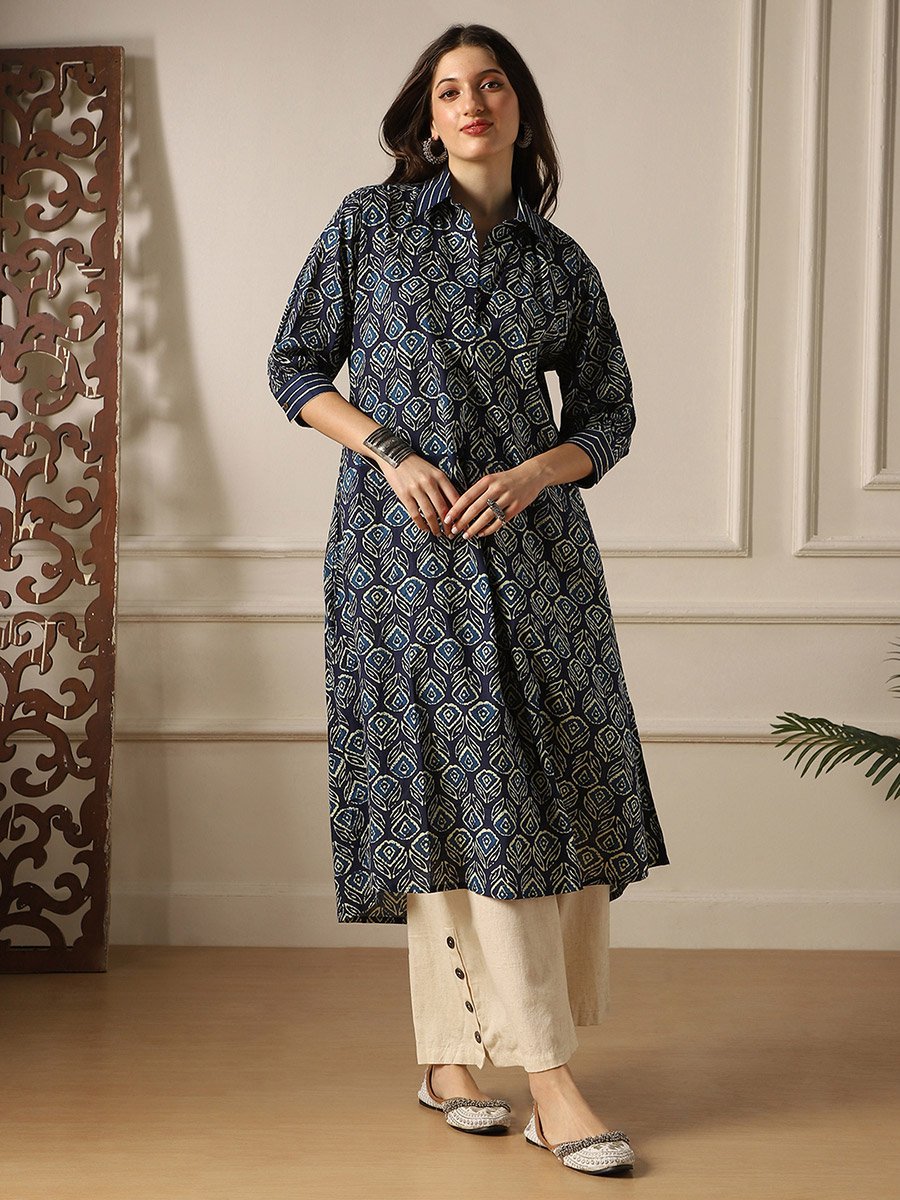 Women Indigo Collared Ethnic Floral Print Kurta